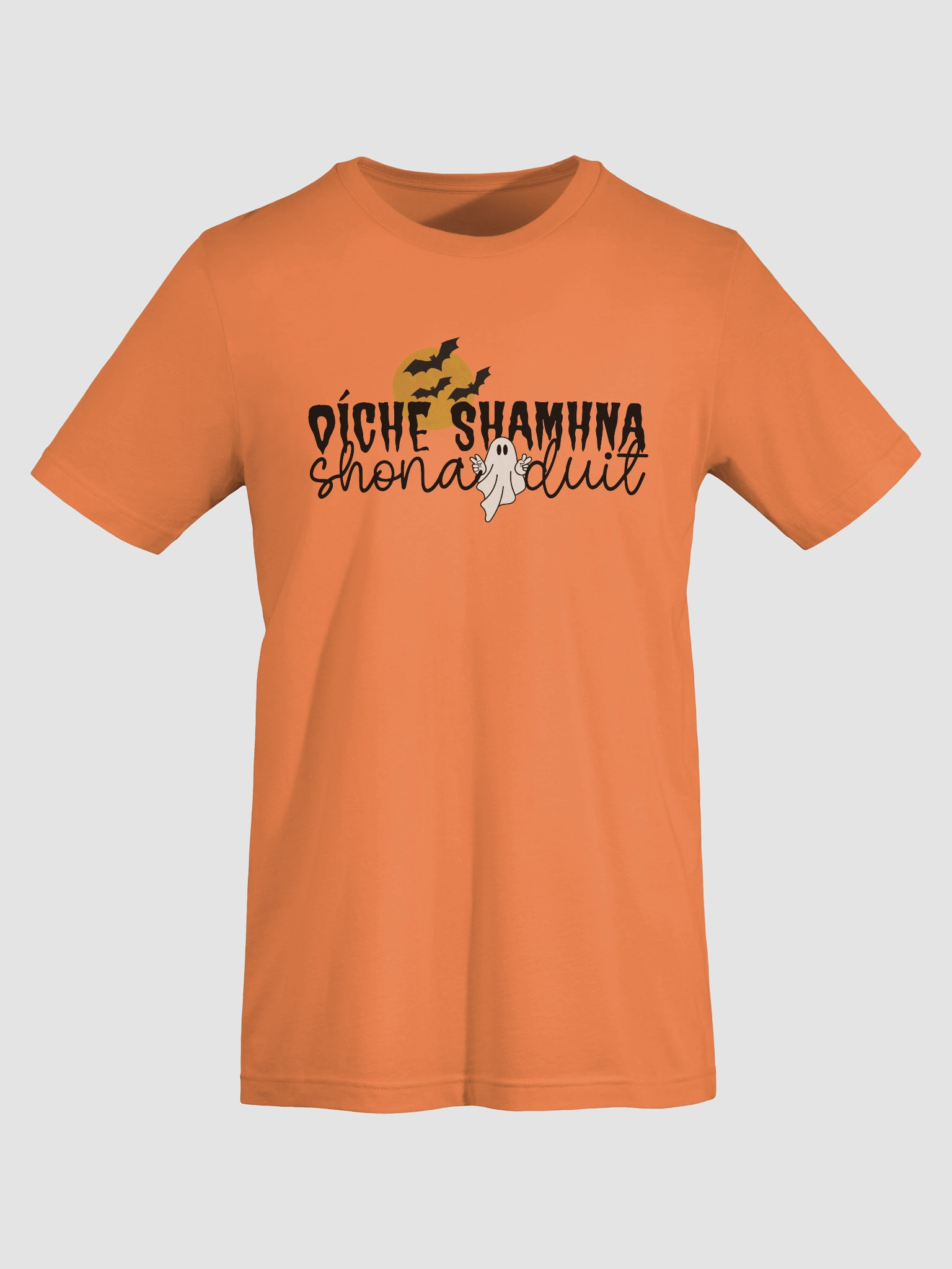 Happy Halloween in Irish / Gaeilge / Gaelic - Supersoft T-shirt with  Vintage-Feel Print | Merch by Clisare, image size:1536x2048