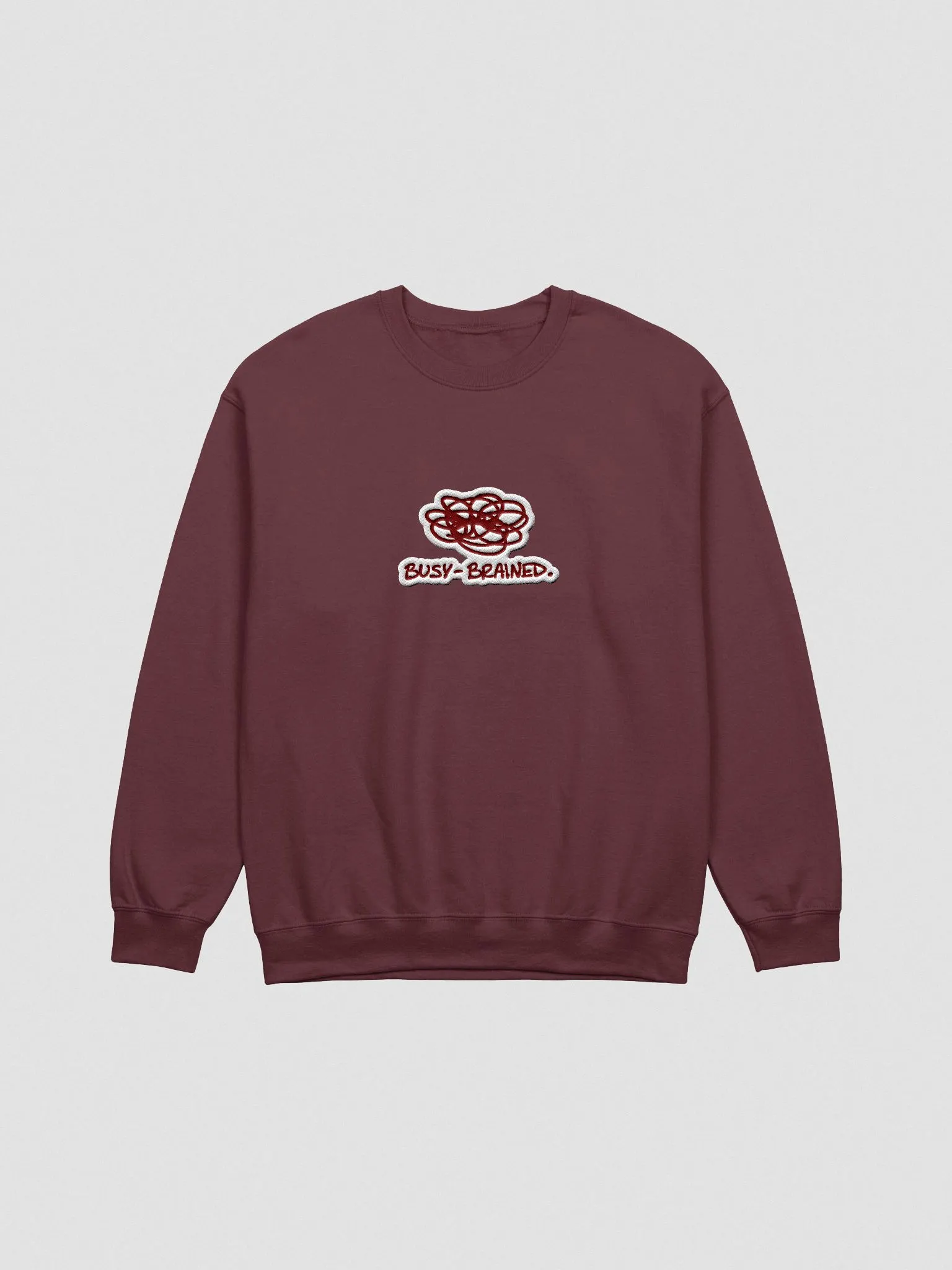 BUSY-BRAINED. (lg. maroon bubble design) embroidered
