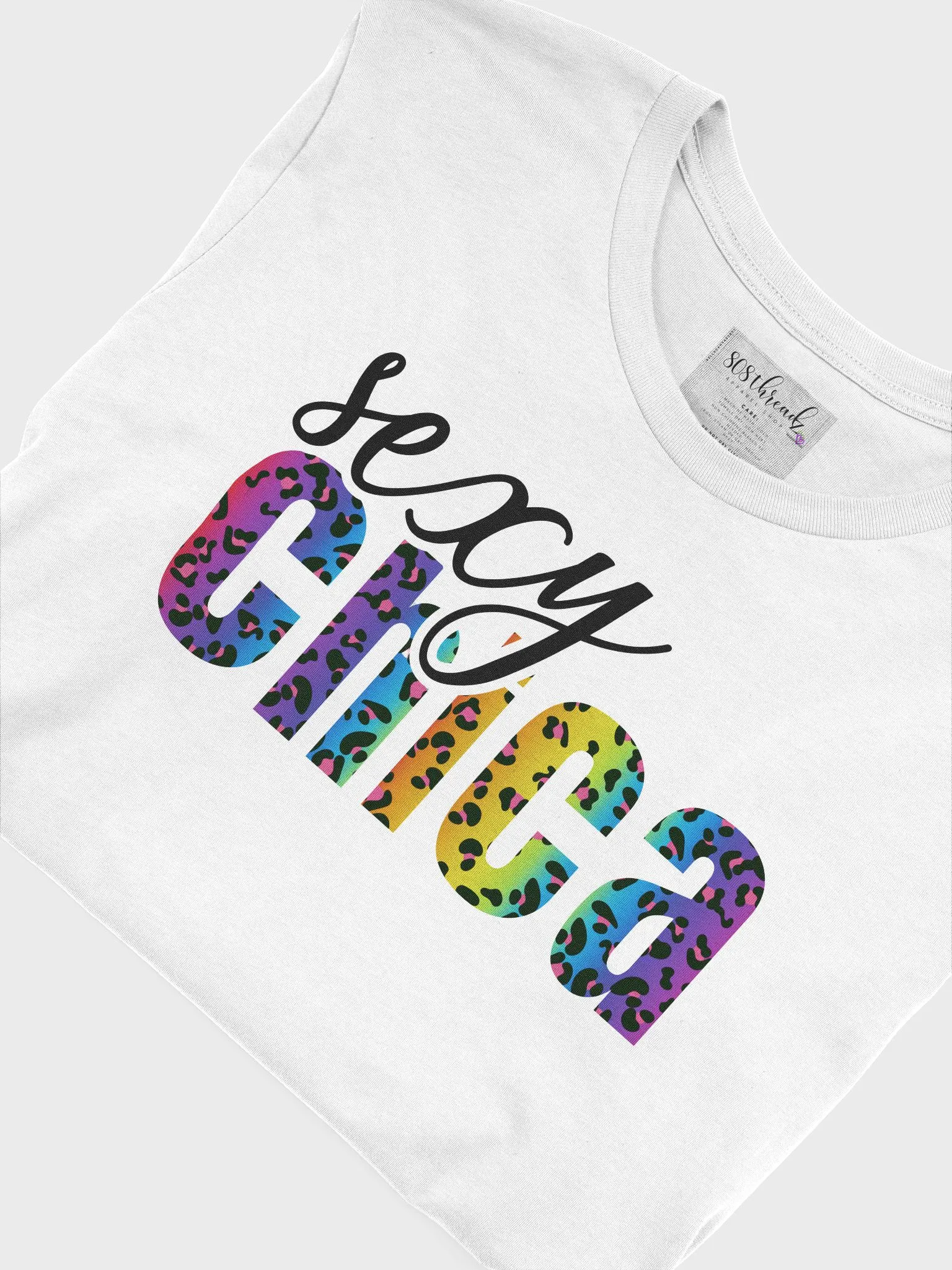 Sexy Chica T-Shirt; Black with Bright Rainbow Leopard