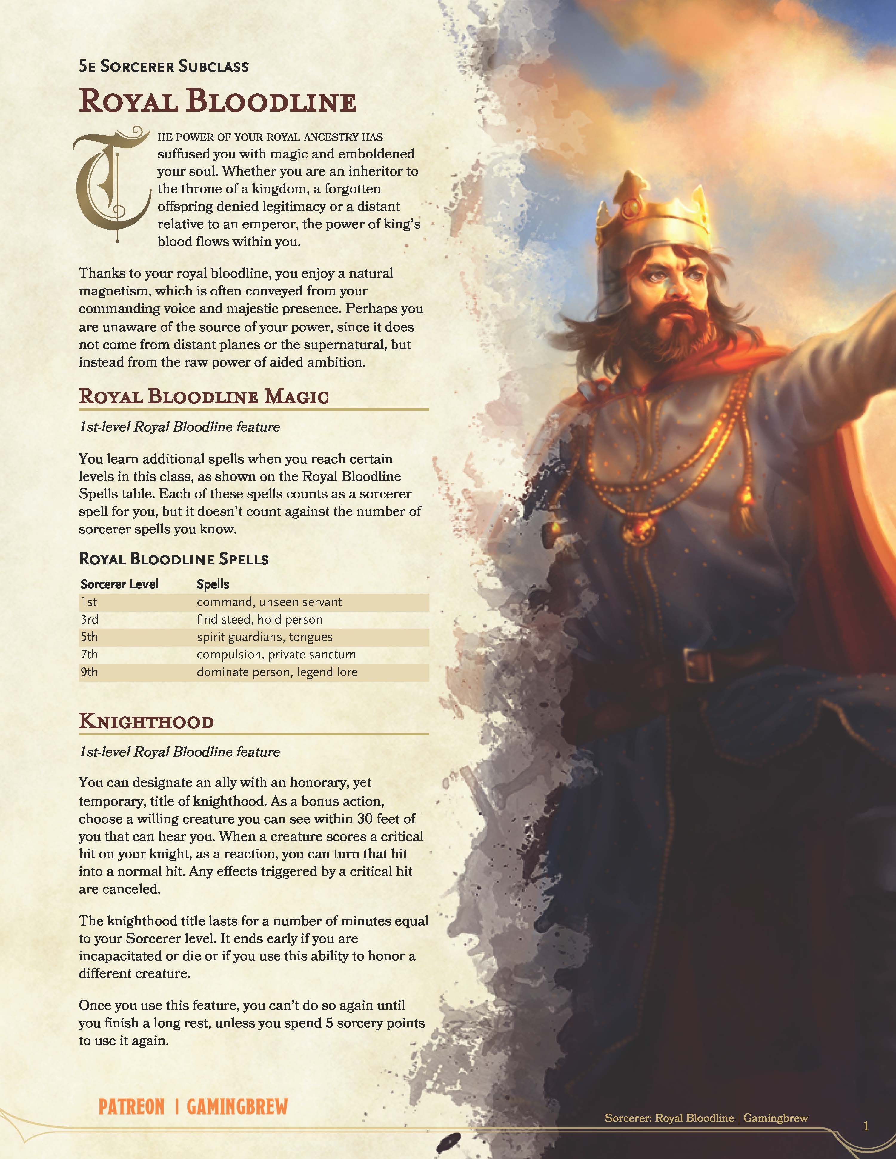 Royal Bloodline | 5E Sorcerer Subclass | Gamingbrew