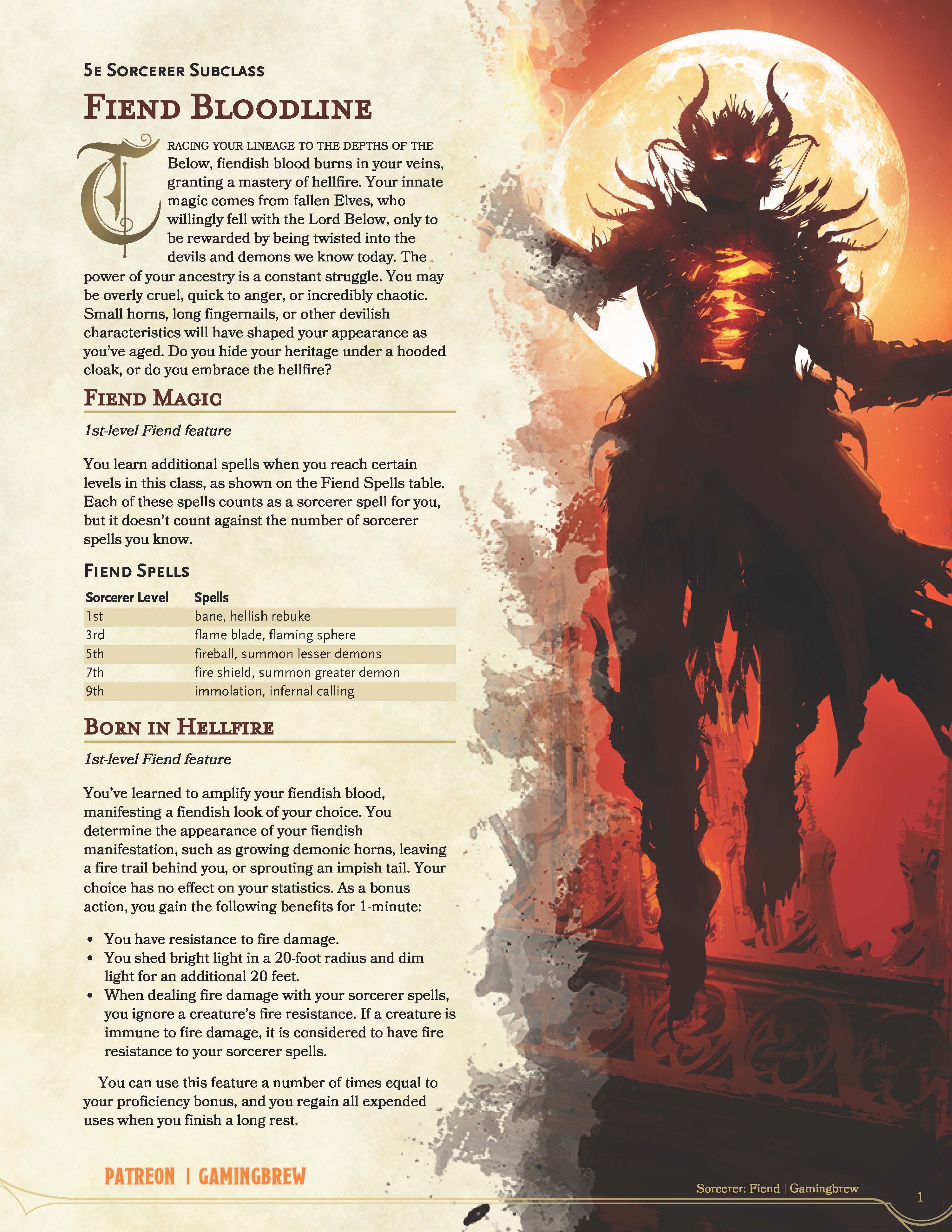 Fiend Bloodline 5E Sorcerer Subclass Gamingbrew