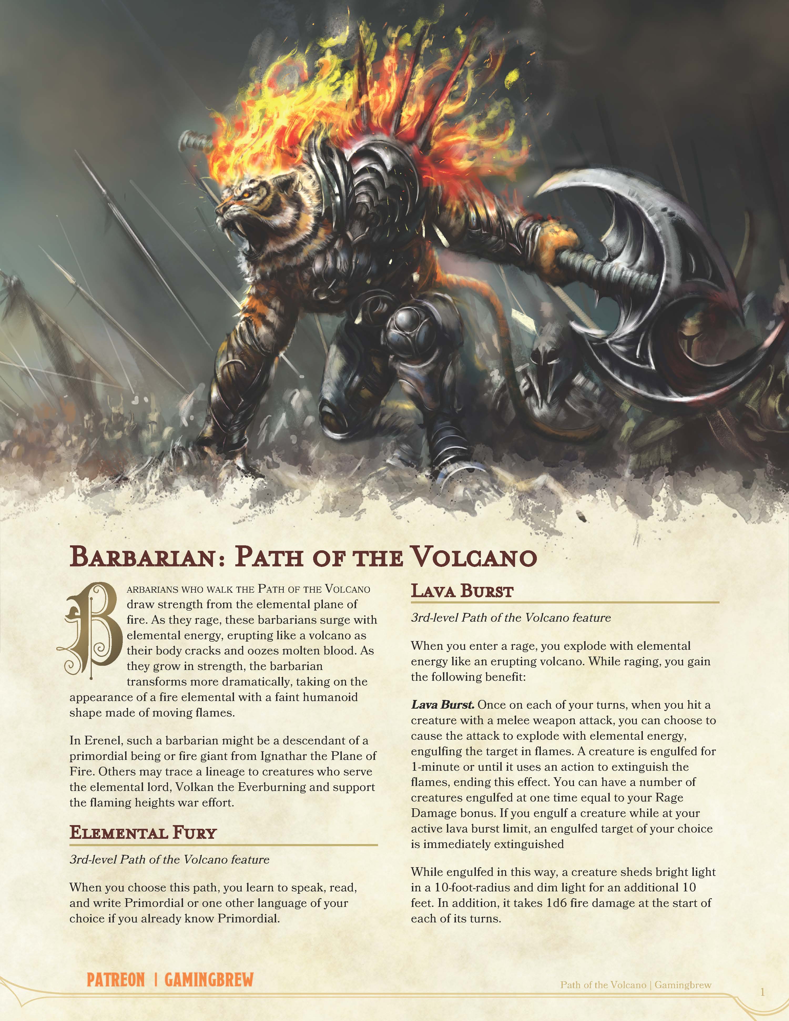 Path of the Volcano | 5E Barbarian Subclass | Gamingbrew