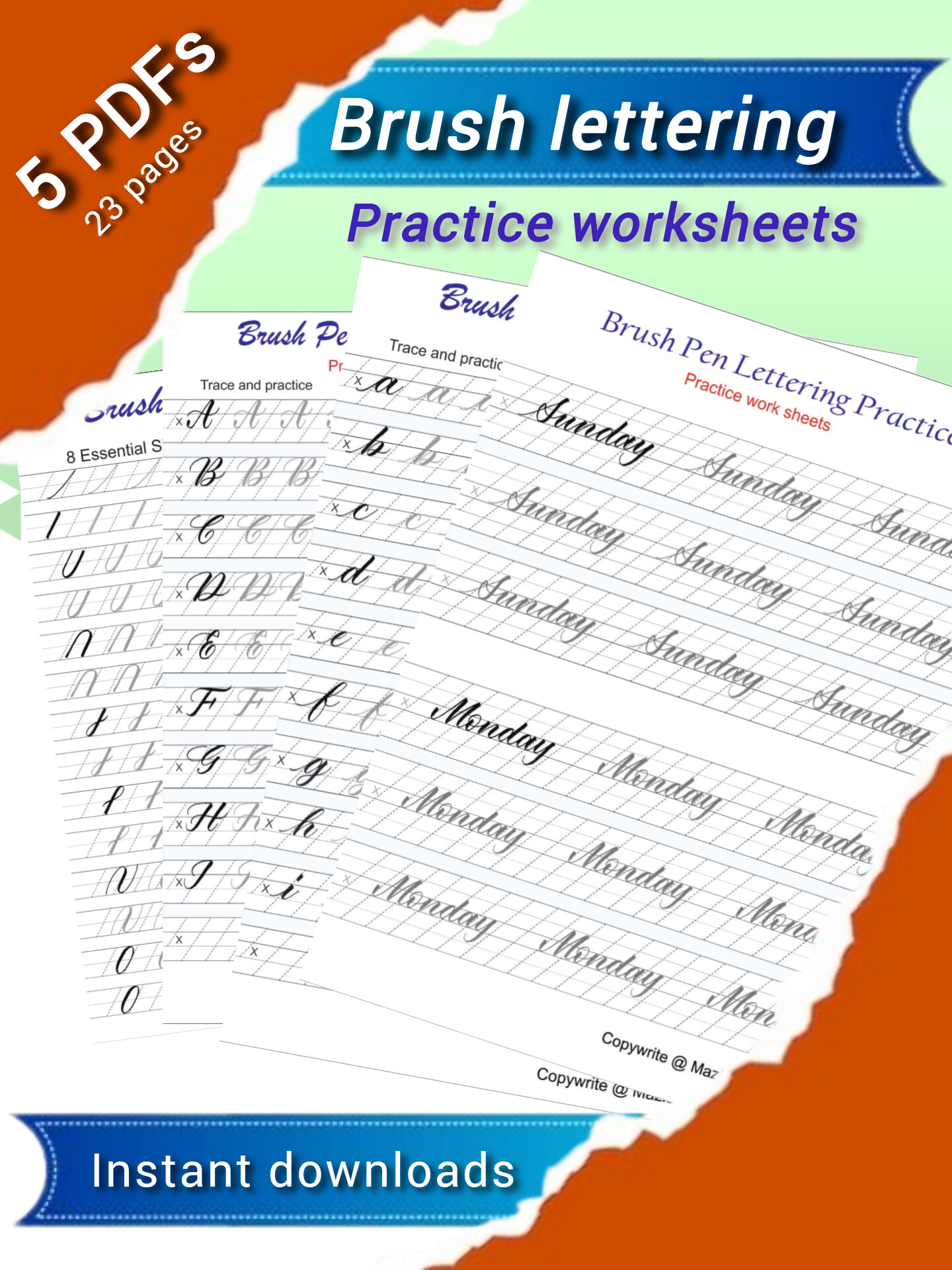 Brush pen lettering printable worksheets (PDFs) easy to trace and  practice Calligraphy