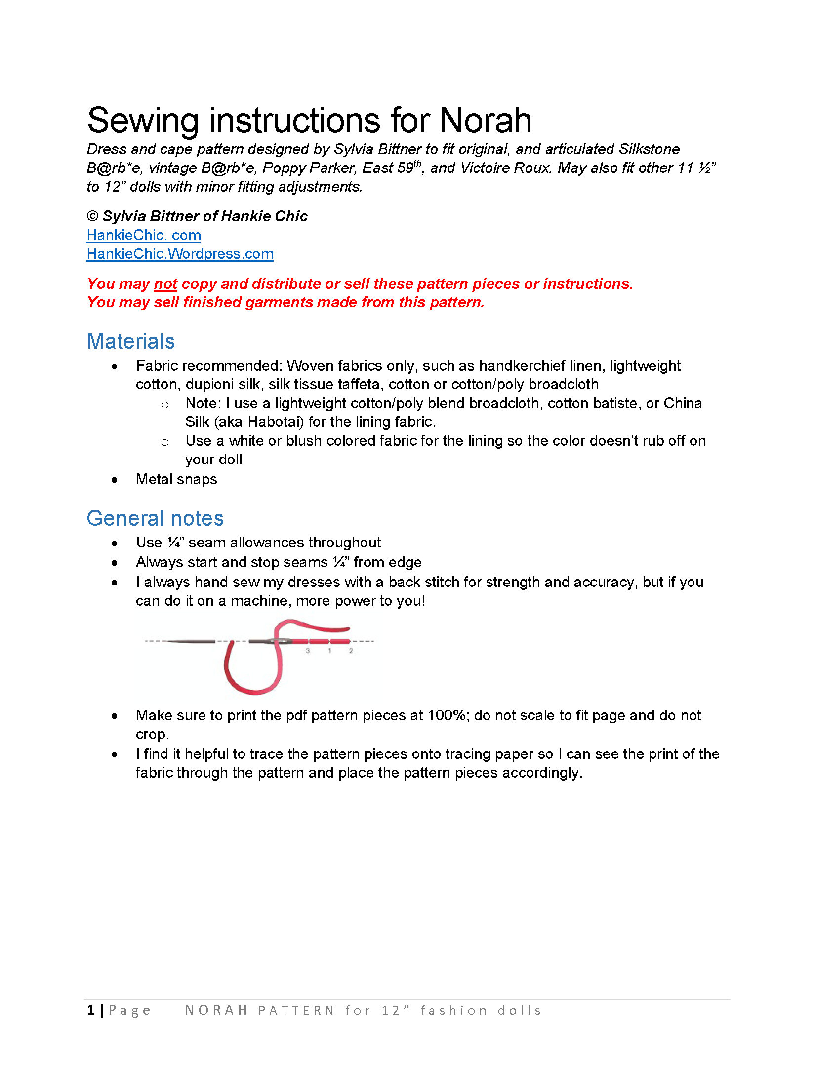 Norah sewing pattern for 12" fashion dolls Sylvia Bittner