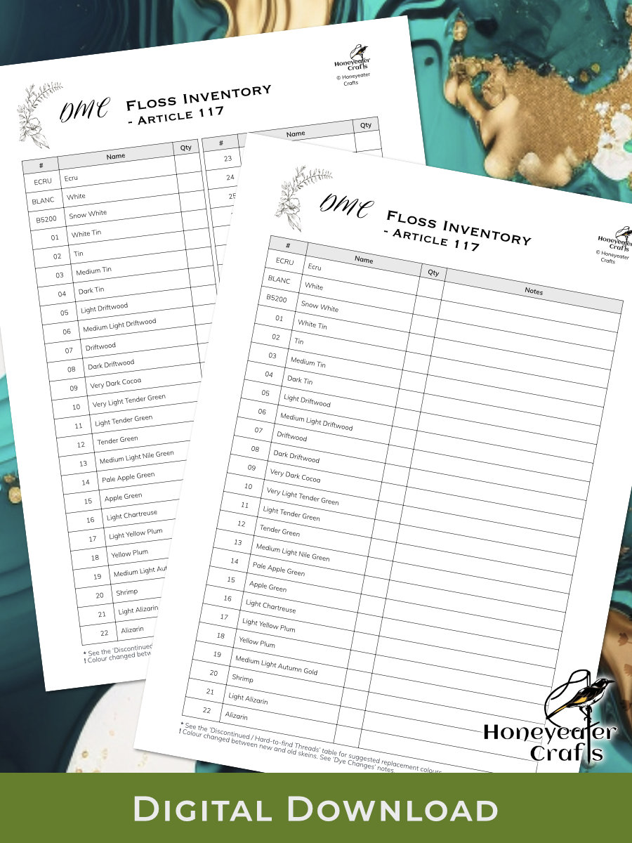 DMC Floss Inventory Tracker PDF | Honeyeater Crafts dmc-floss-inventory-tracker-pdf-honeyeater-crafts
