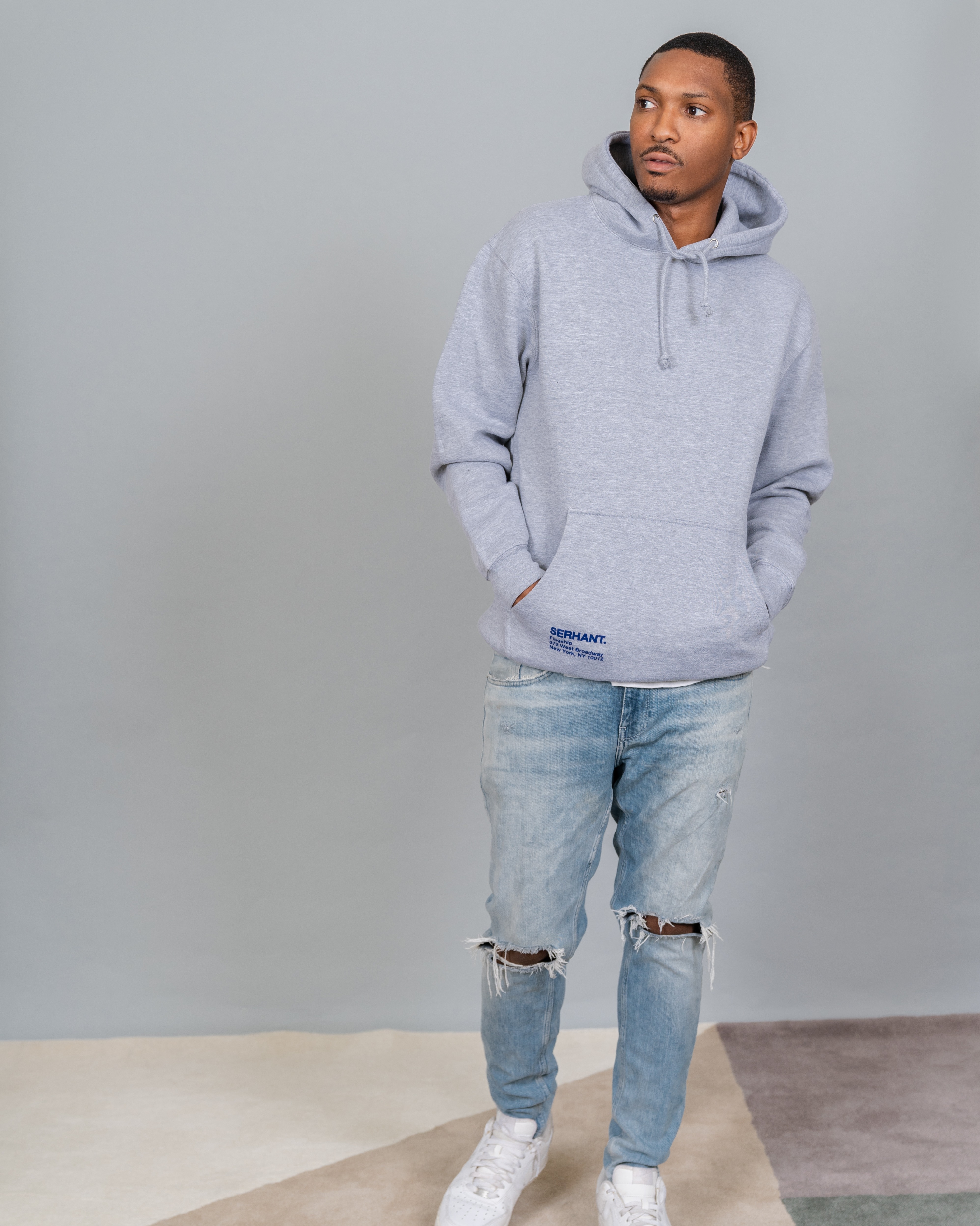 grey hoodie blue jeans